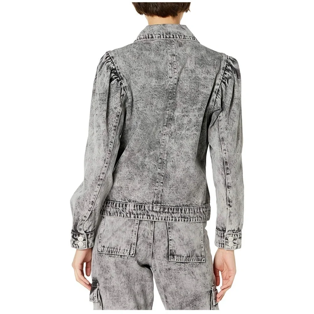 Women's Puff Sleeve Denim Jacket grey/black acid wash - Picture 3 of 7